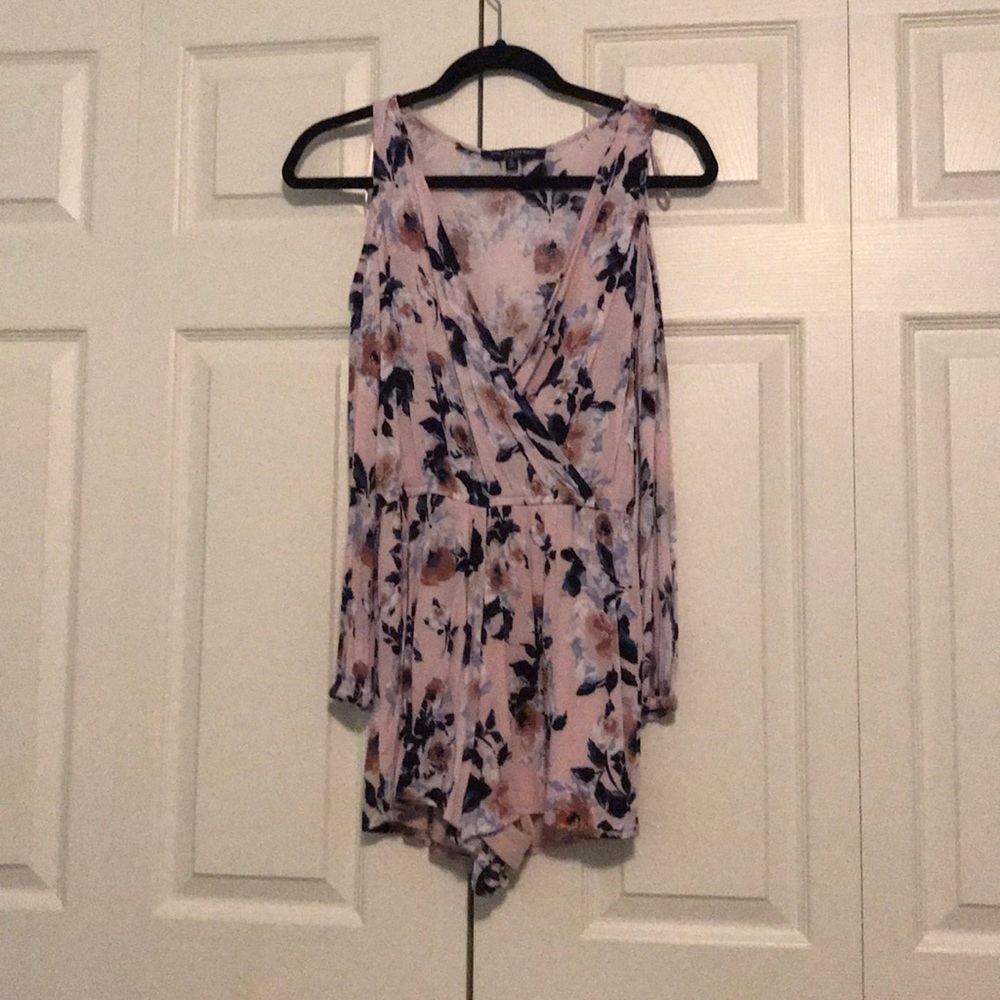 Pink floral open shoulder long sleeve romper